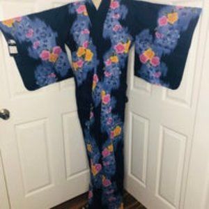 Vintage 80’s Cotton Japanese Kimono Jacket Robe Blue Floral Print OS